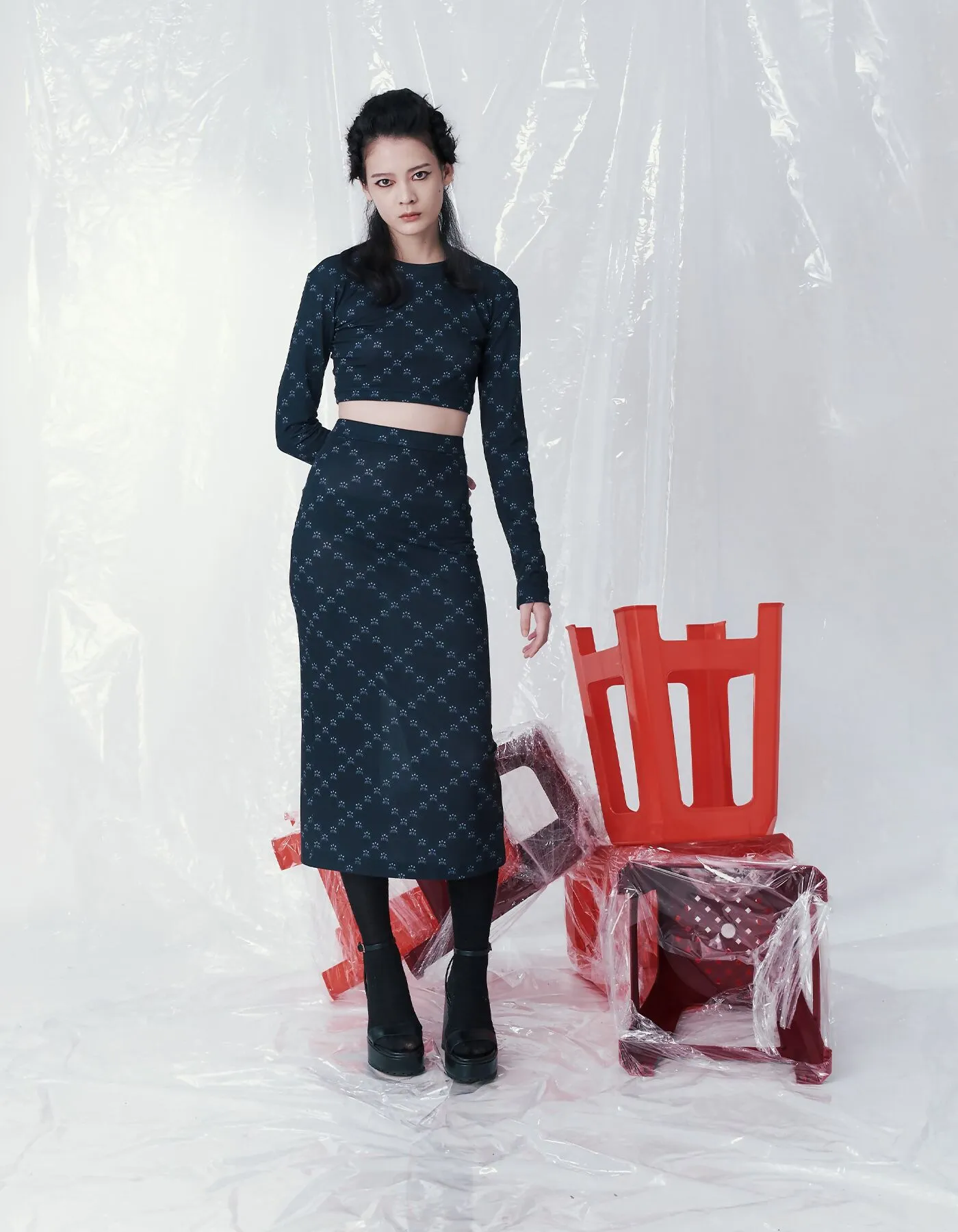 Ban-Doh Dot Matrix Print Bodycon Maxi Skirt