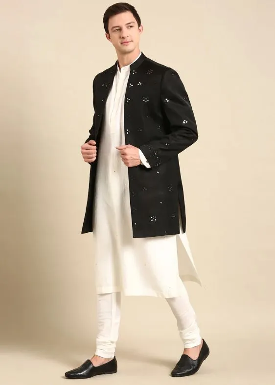 Black Mirror Embroidery Crush Silk Long Open Jacket