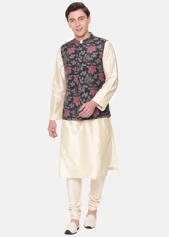 Black Red Printed Muslin Nehru Jacket - MMWC0224