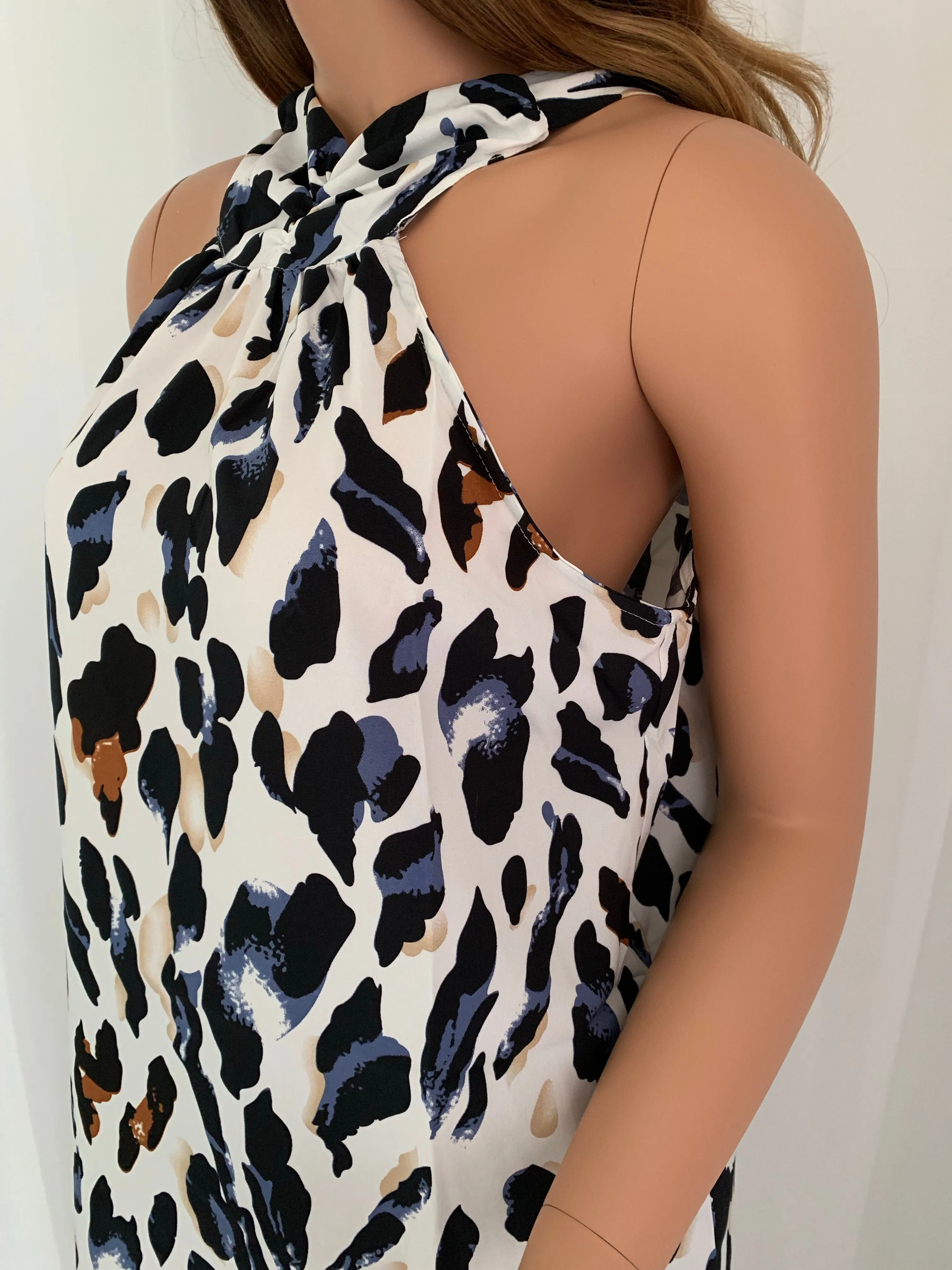 Blue and Brown Leopard Print Halter Tunic Blouse
