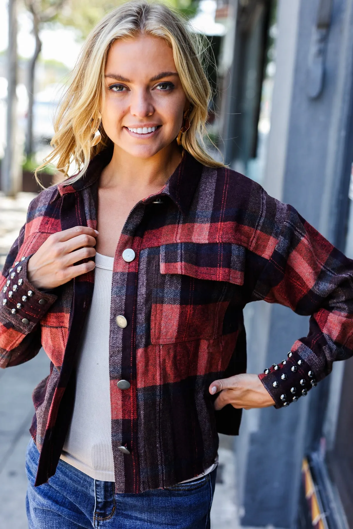 Burgundy & Rust Plaid Studded Cropped Jacket