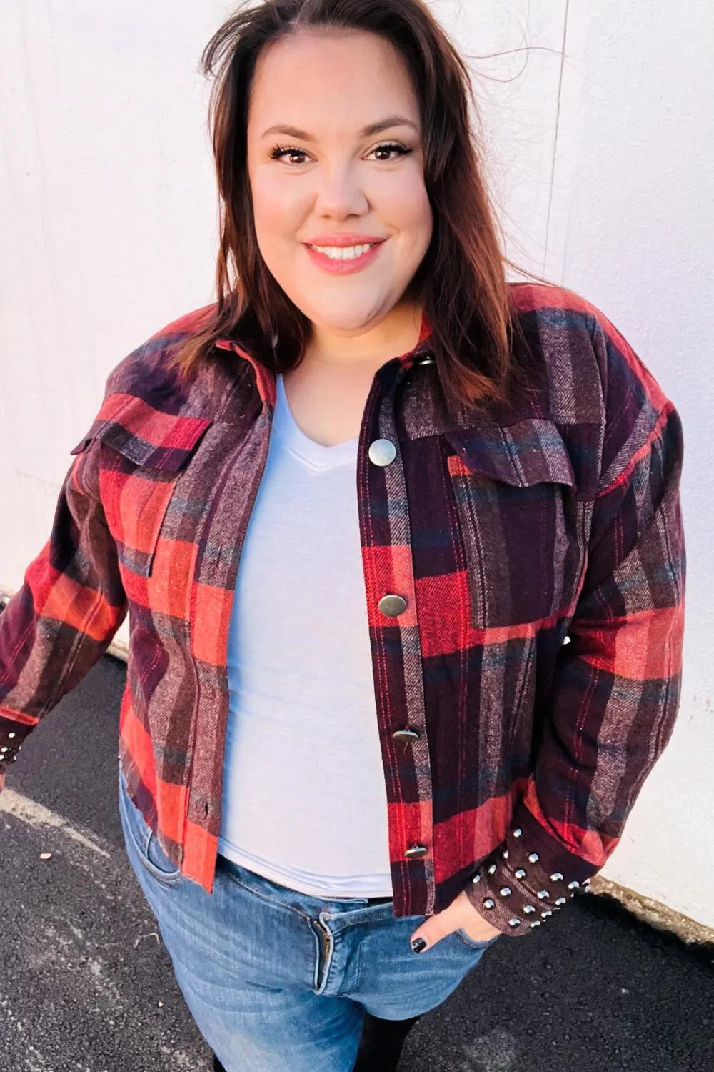 Burgundy & Rust Plaid Studded Cropped Jacket