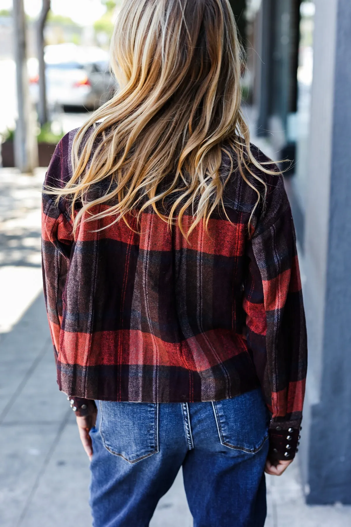 Burgundy & Rust Plaid Studded Cropped Jacket