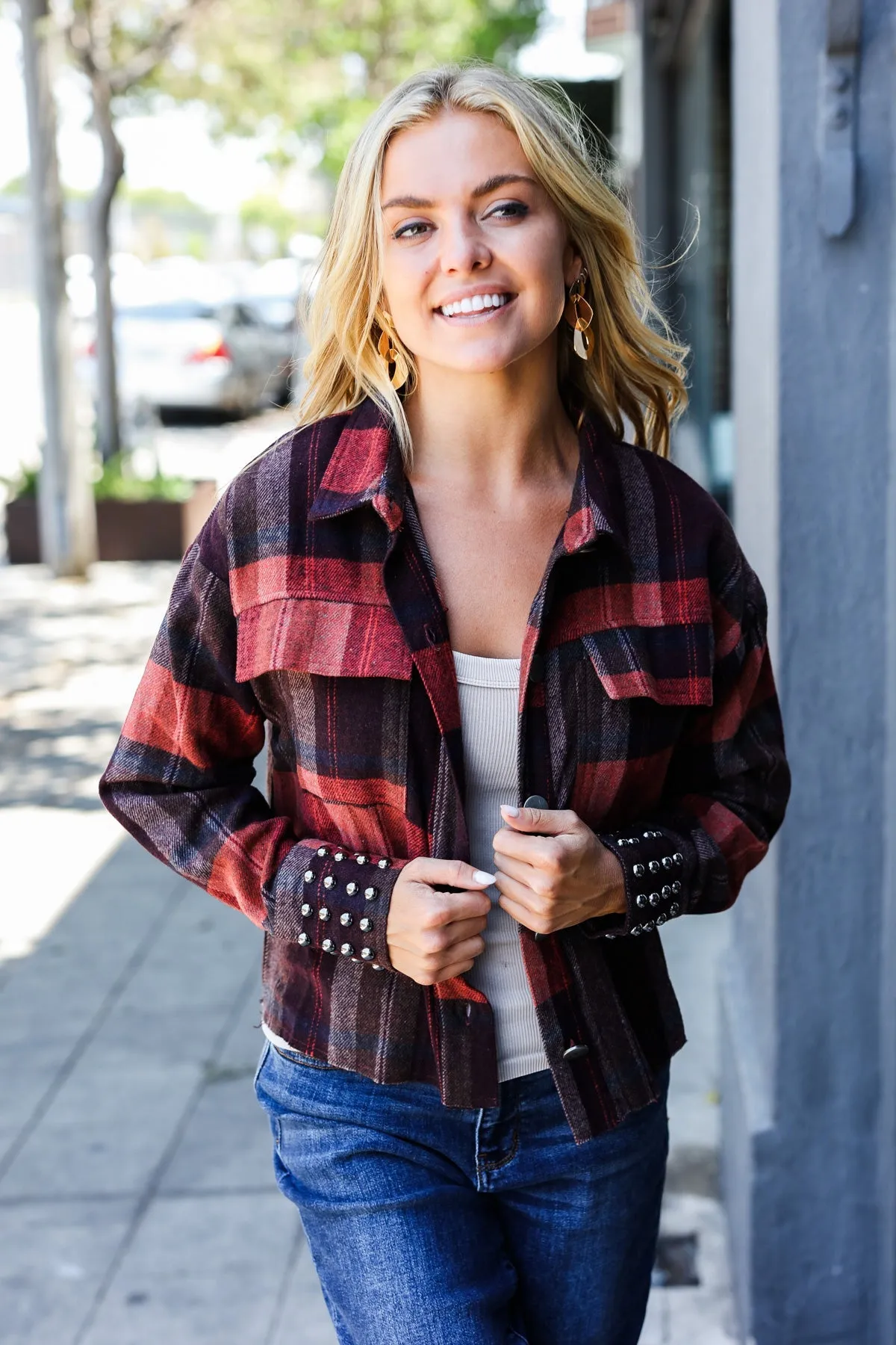 Burgundy & Rust Plaid Studded Cropped Jacket