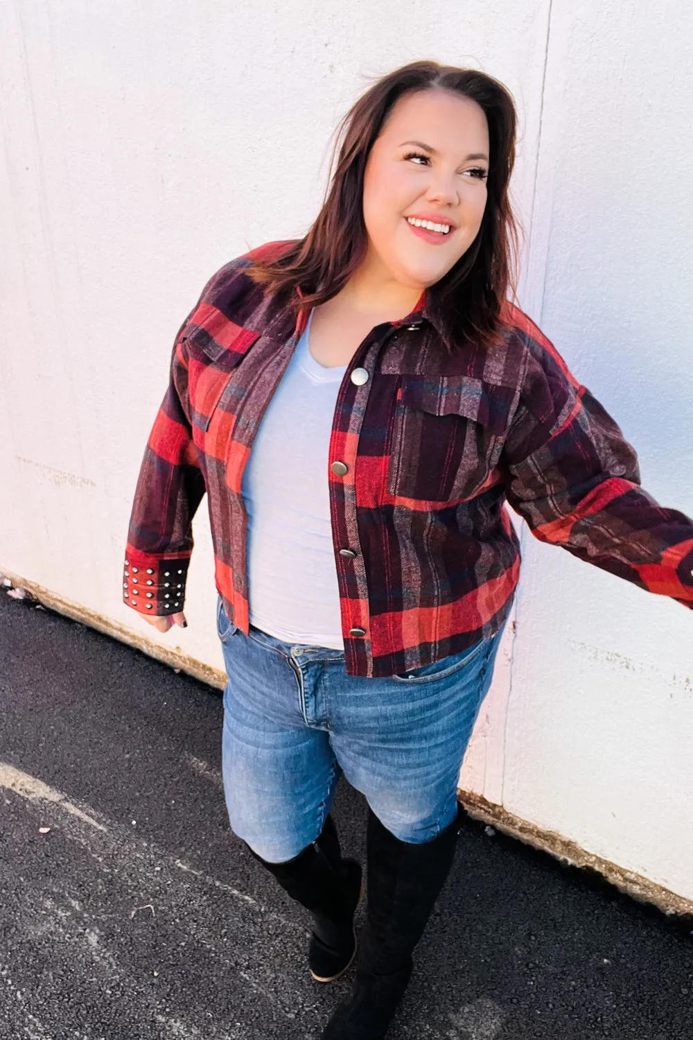Burgundy & Rust Plaid Studded Cropped Jacket