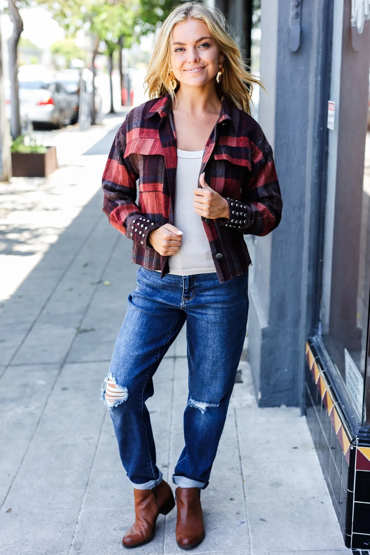 Burgundy & Rust Plaid Studded Cropped Jacket