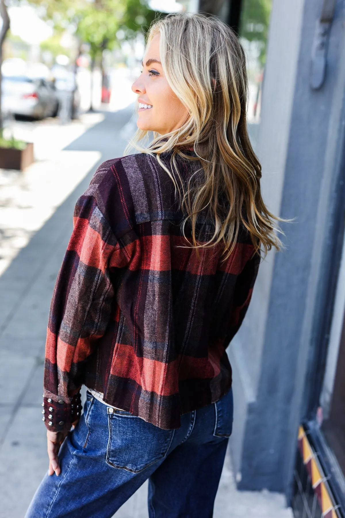 Burgundy & Rust Plaid Studded Cropped Jacket