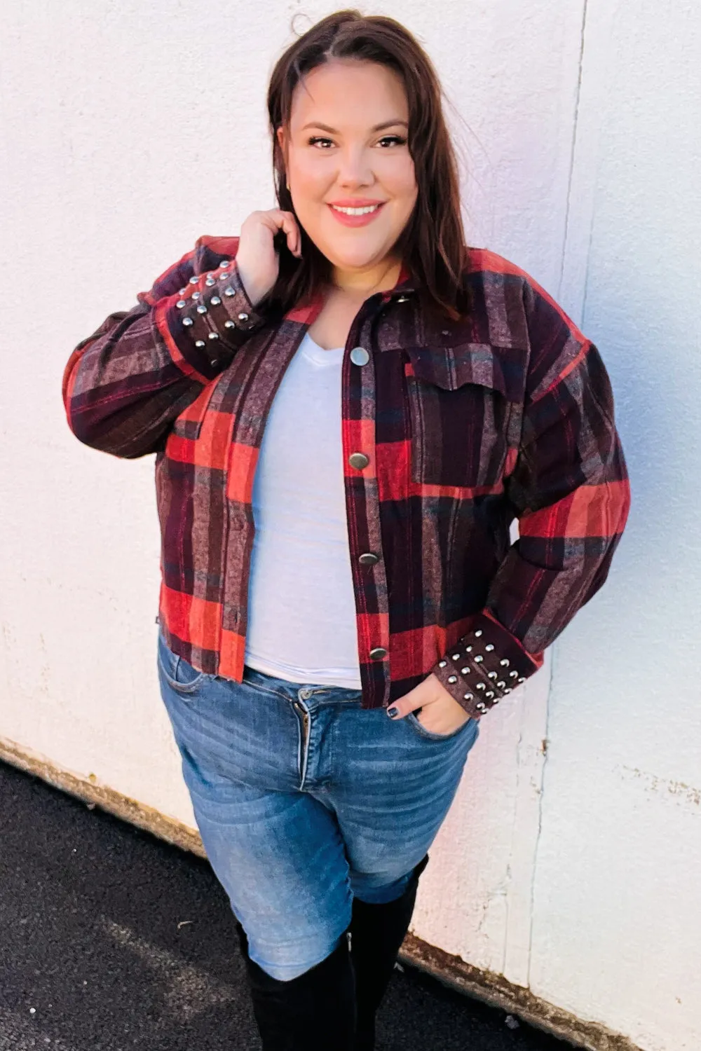 Burgundy & Rust Plaid Studded Cropped Jacket