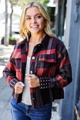 Burgundy & Rust Plaid Studded Cropped Jacket