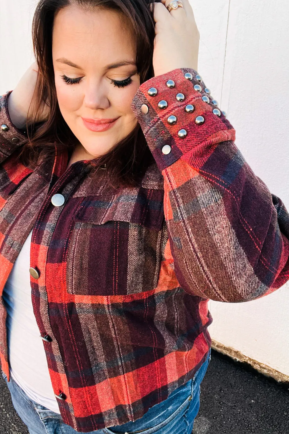 Burgundy & Rust Plaid Studded Cropped Jacket