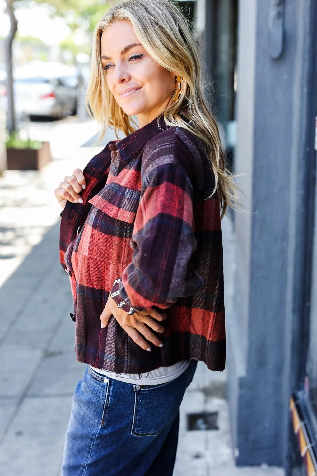 Burgundy & Rust Plaid Studded Cropped Jacket
