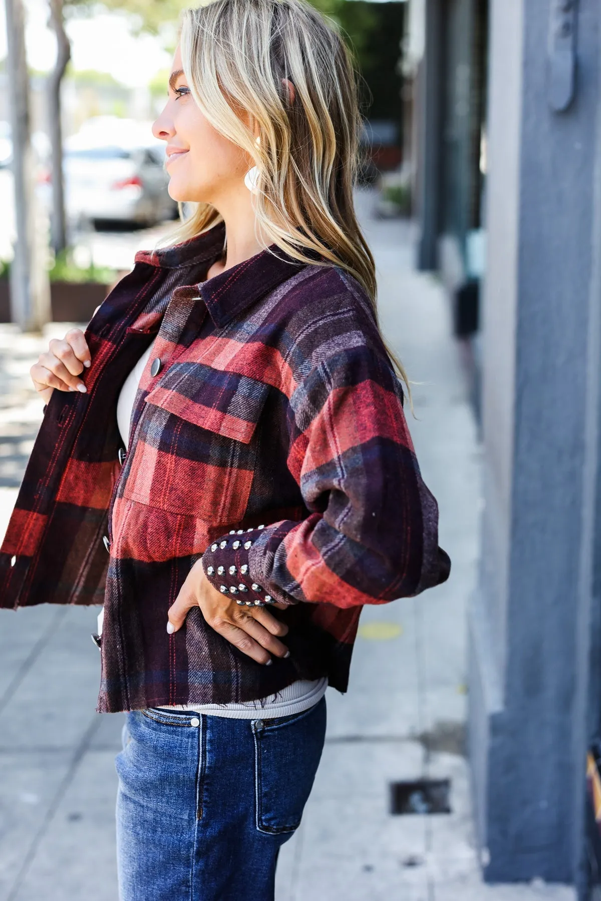 Burgundy & Rust Plaid Studded Cropped Jacket