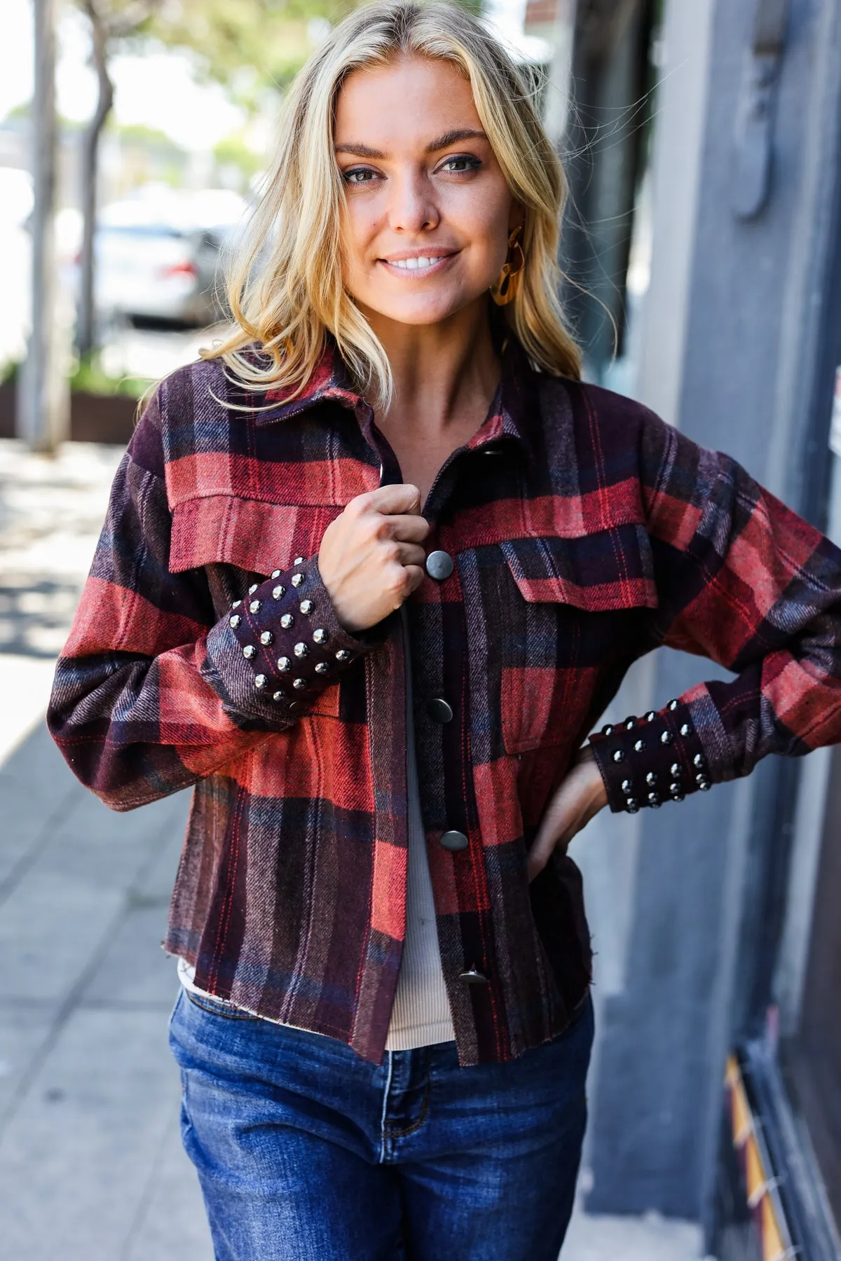 Burgundy & Rust Plaid Studded Cropped Jacket