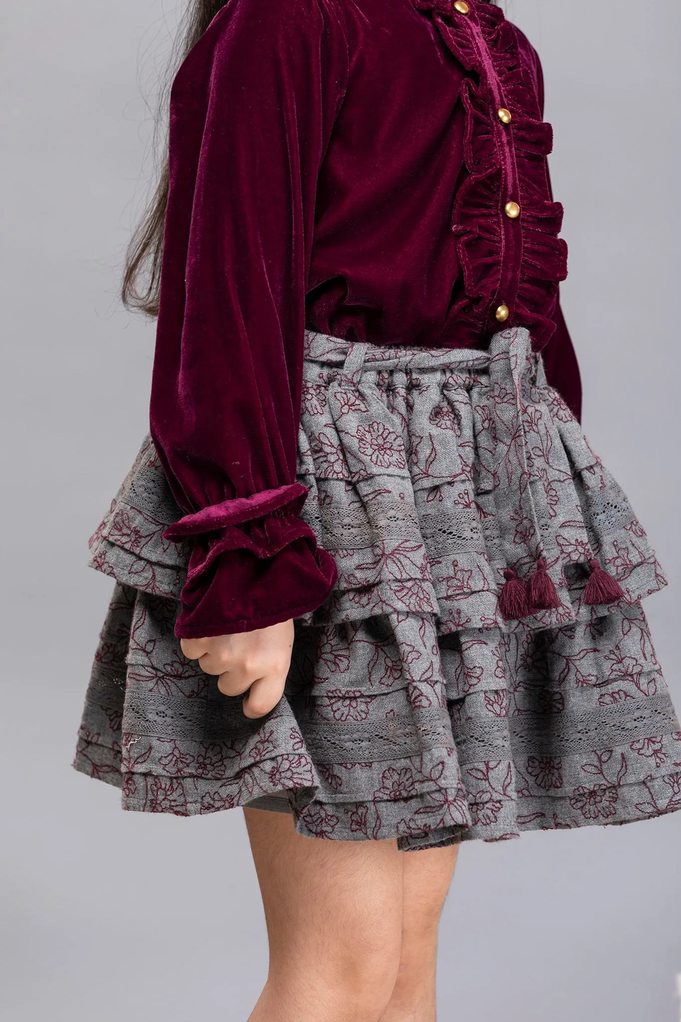 Camila Double Layered Cotton Melange Girls Skirt - Wine Bouquet