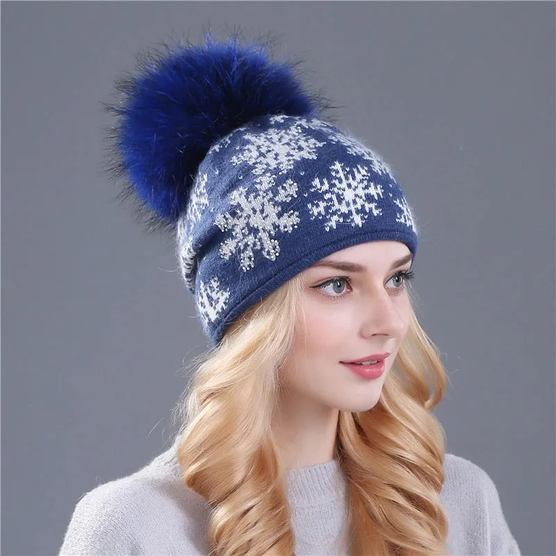 Christmas Snowflakes Winter Beanie Hat with Pom Pom