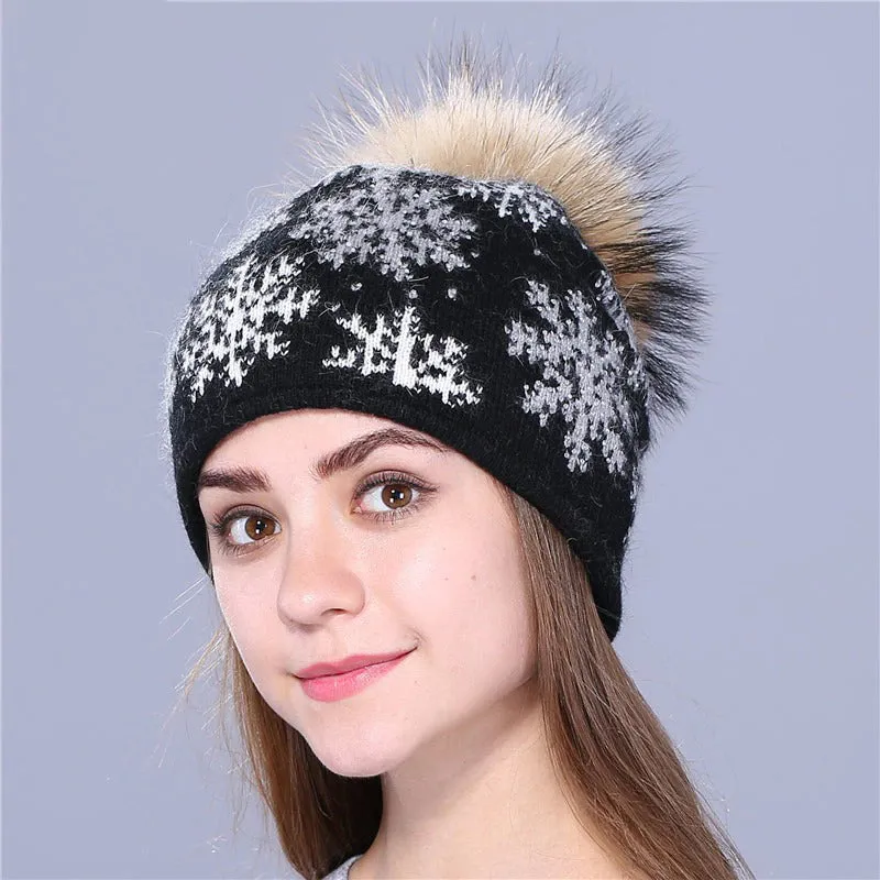 Christmas Snowflakes Winter Beanie Hat with Pom Pom