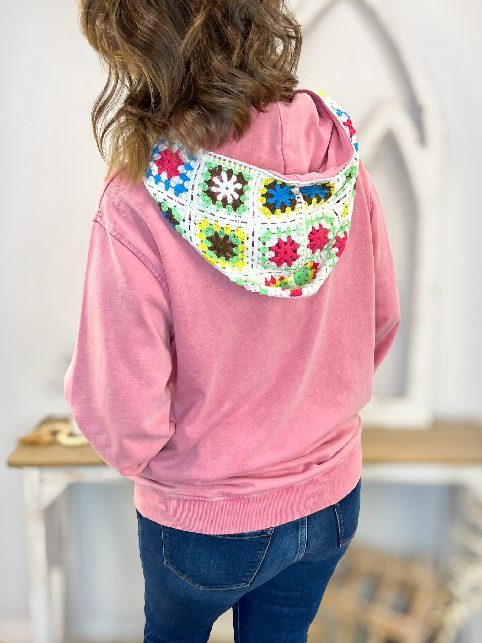 Crochet Vintage Wash Sweatshirt Pullover Hoodie
