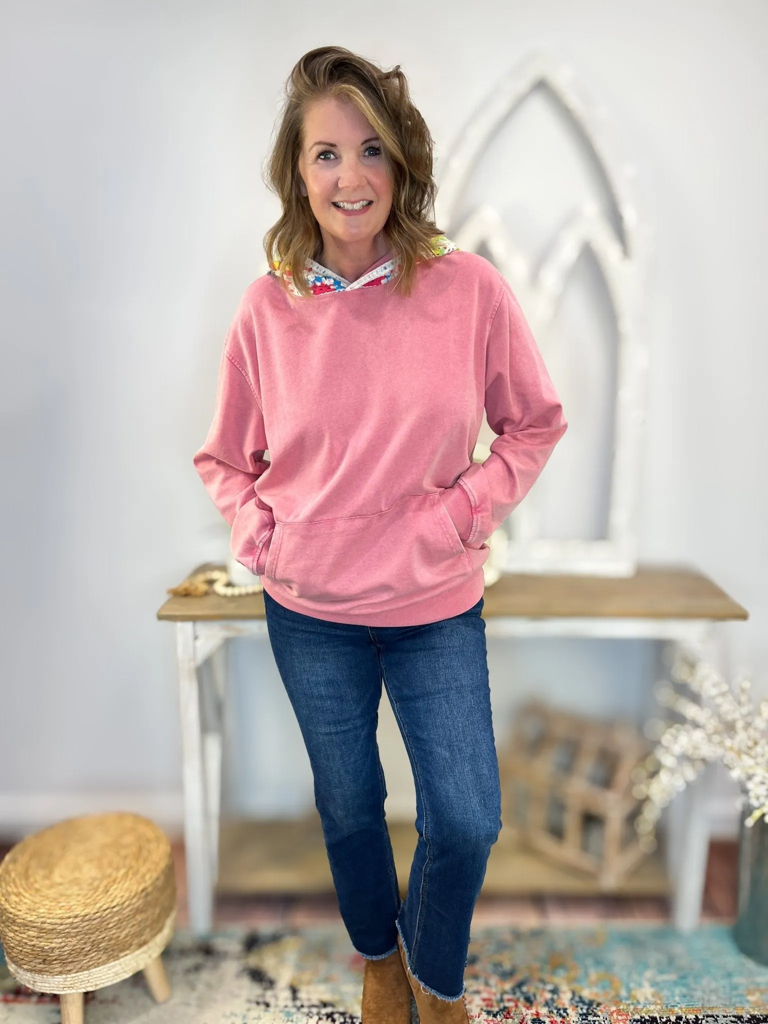 Crochet Vintage Wash Sweatshirt Pullover Hoodie