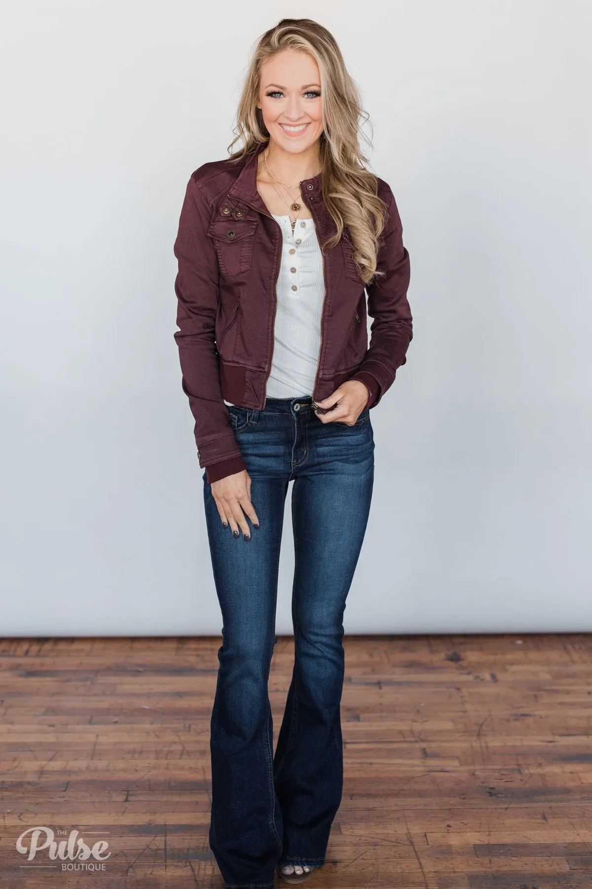 Cropped Bomber Jacket- Burgundy