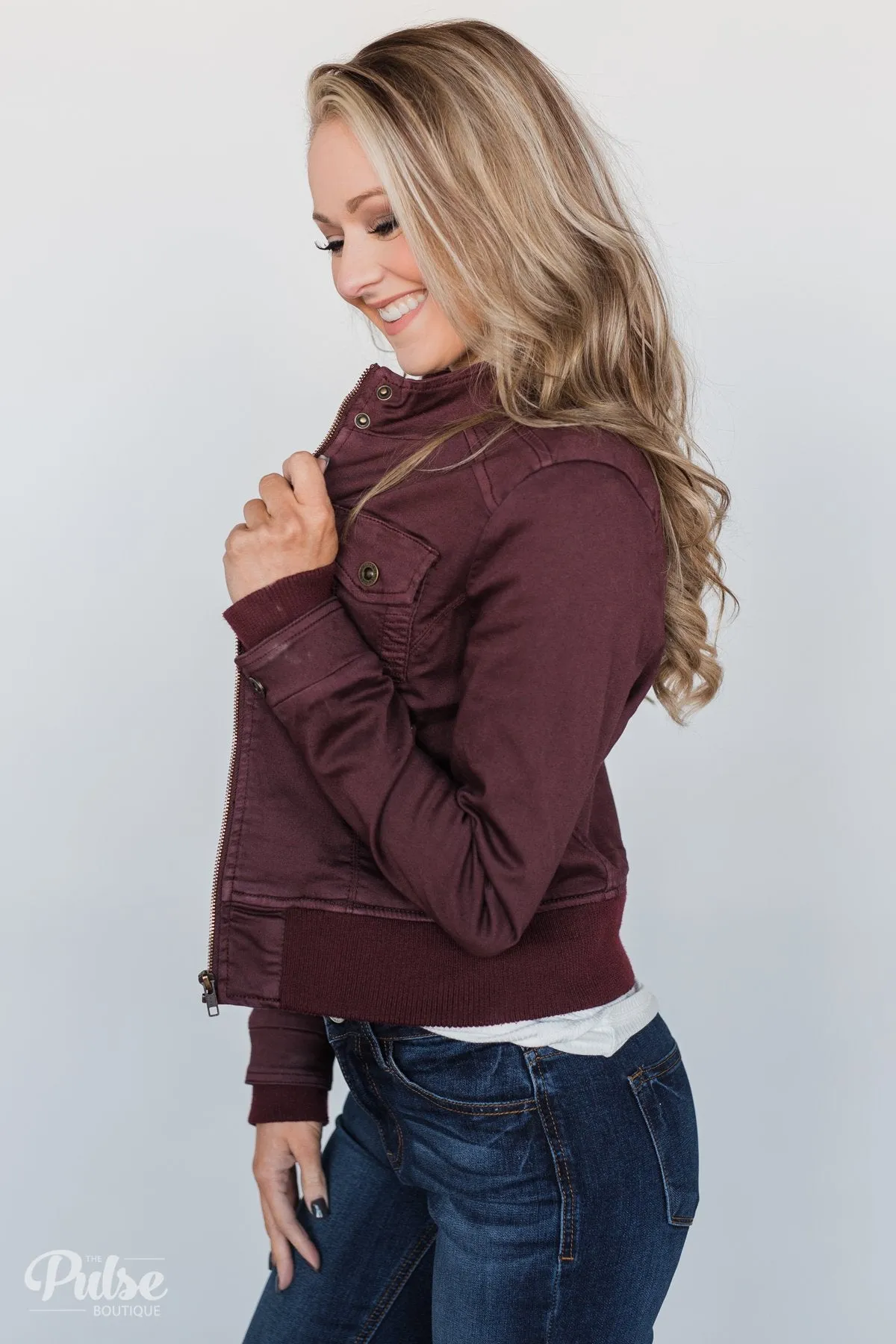 Cropped Bomber Jacket- Burgundy