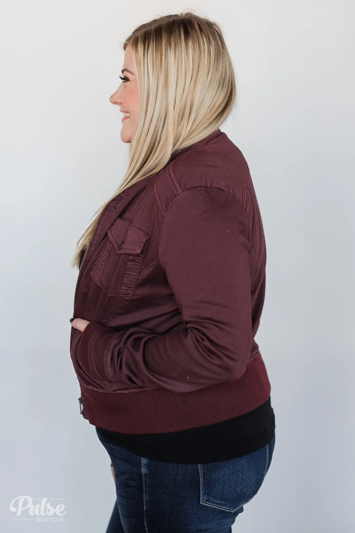 Cropped Bomber Jacket- Burgundy