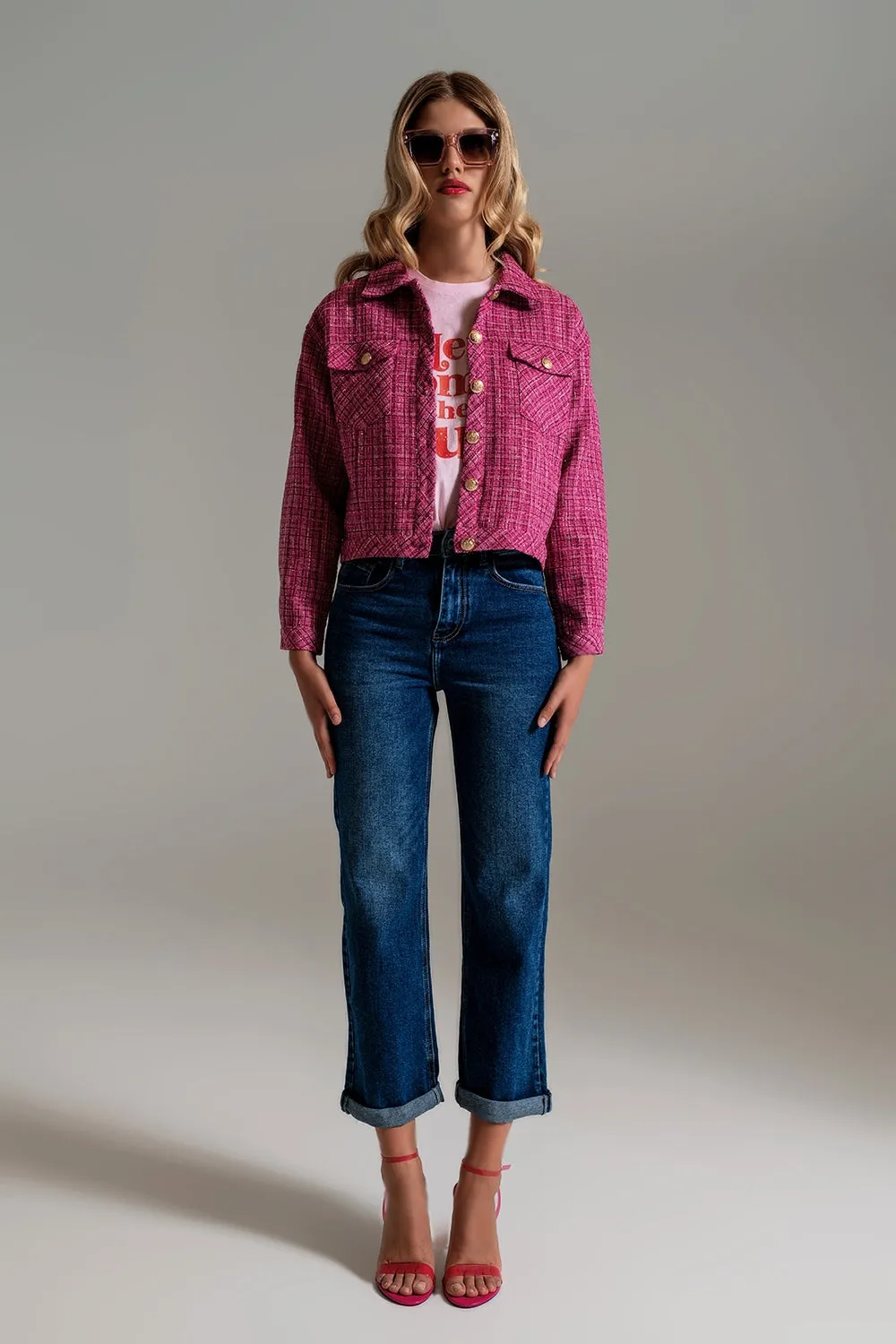 Cropped Tweed Jacket With Chest Pockets in Pink