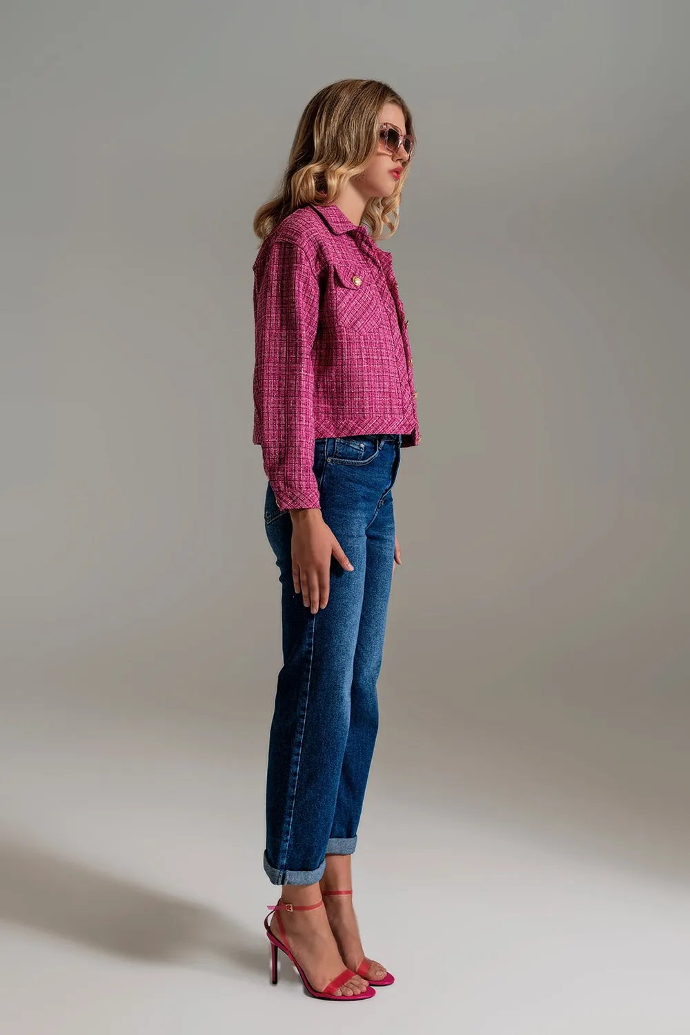 Cropped Tweed Jacket With Chest Pockets in Pink