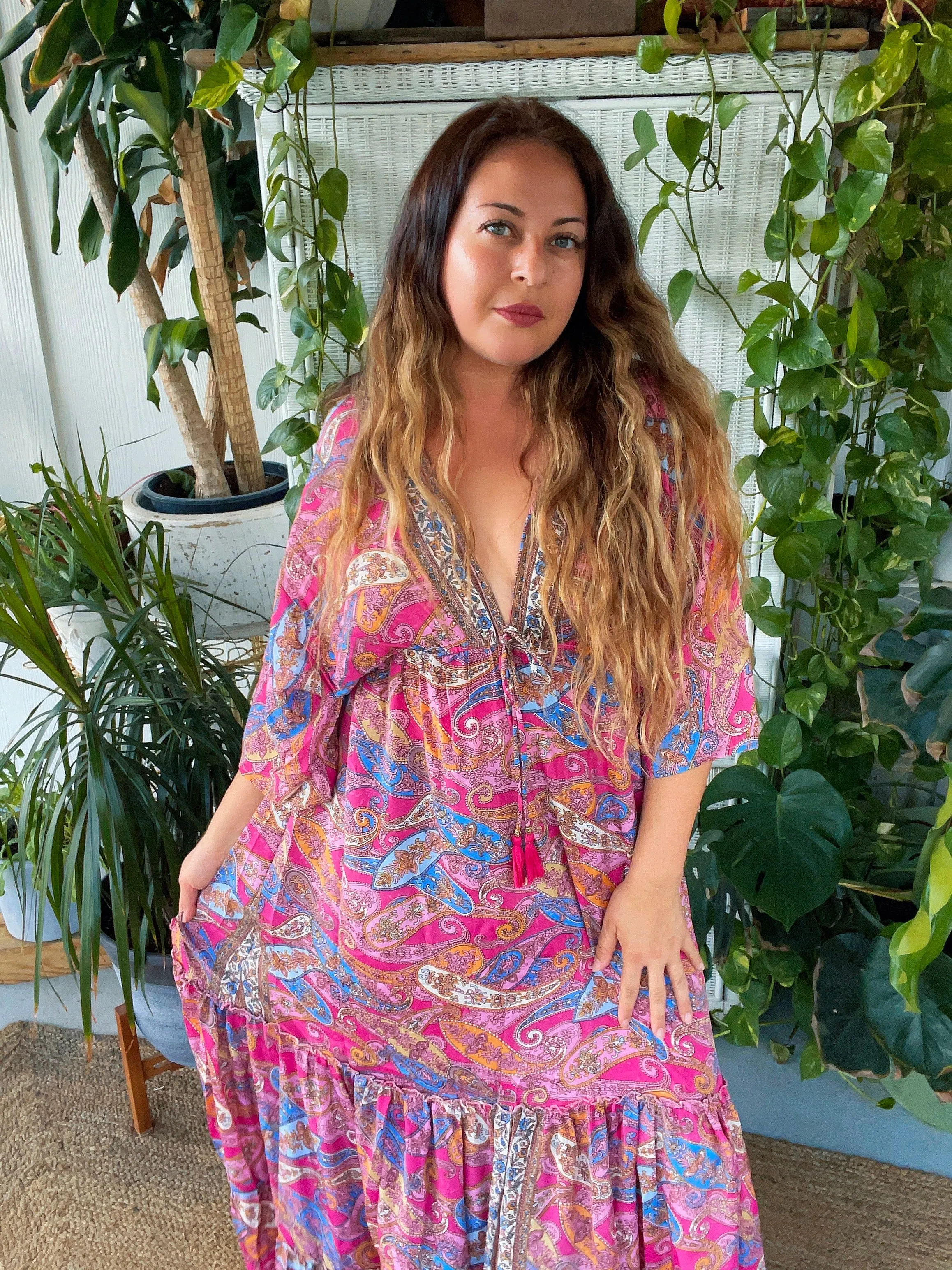 Double V-Neck Boho Maxi dress (Pink and blue)