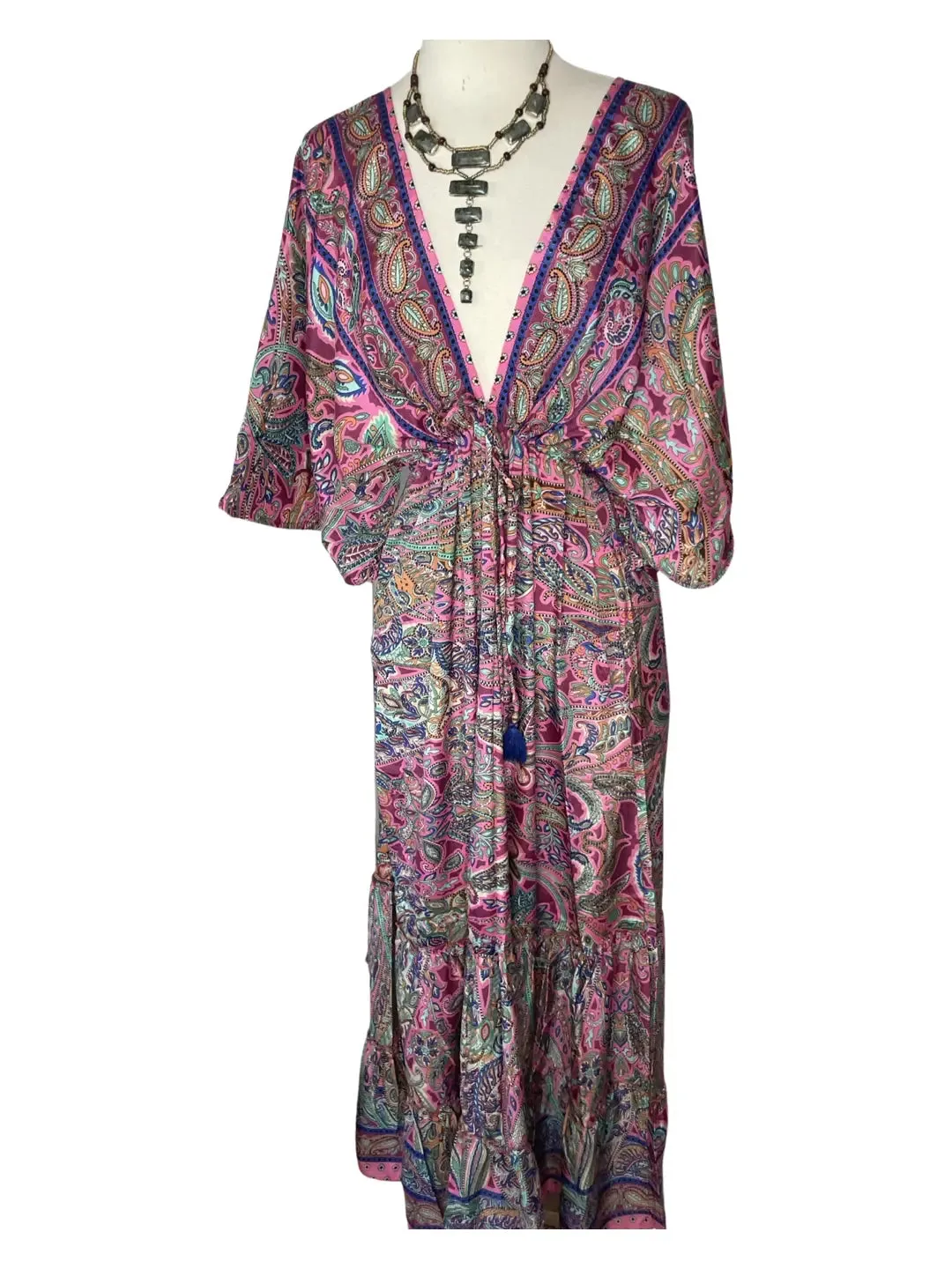 Double V-Neck Boho Maxi dress (pink)