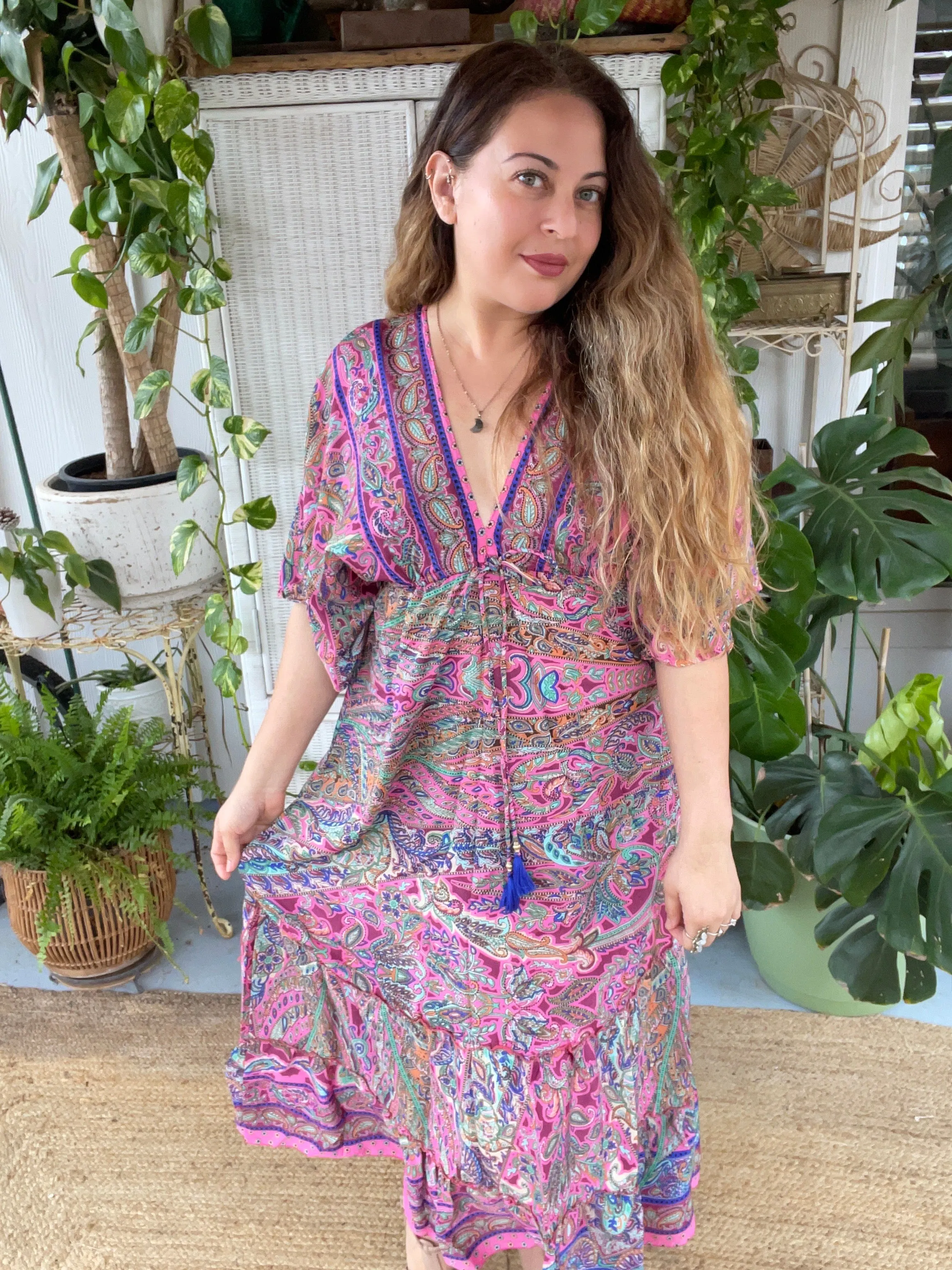 Double V-Neck Boho Maxi dress (pink)