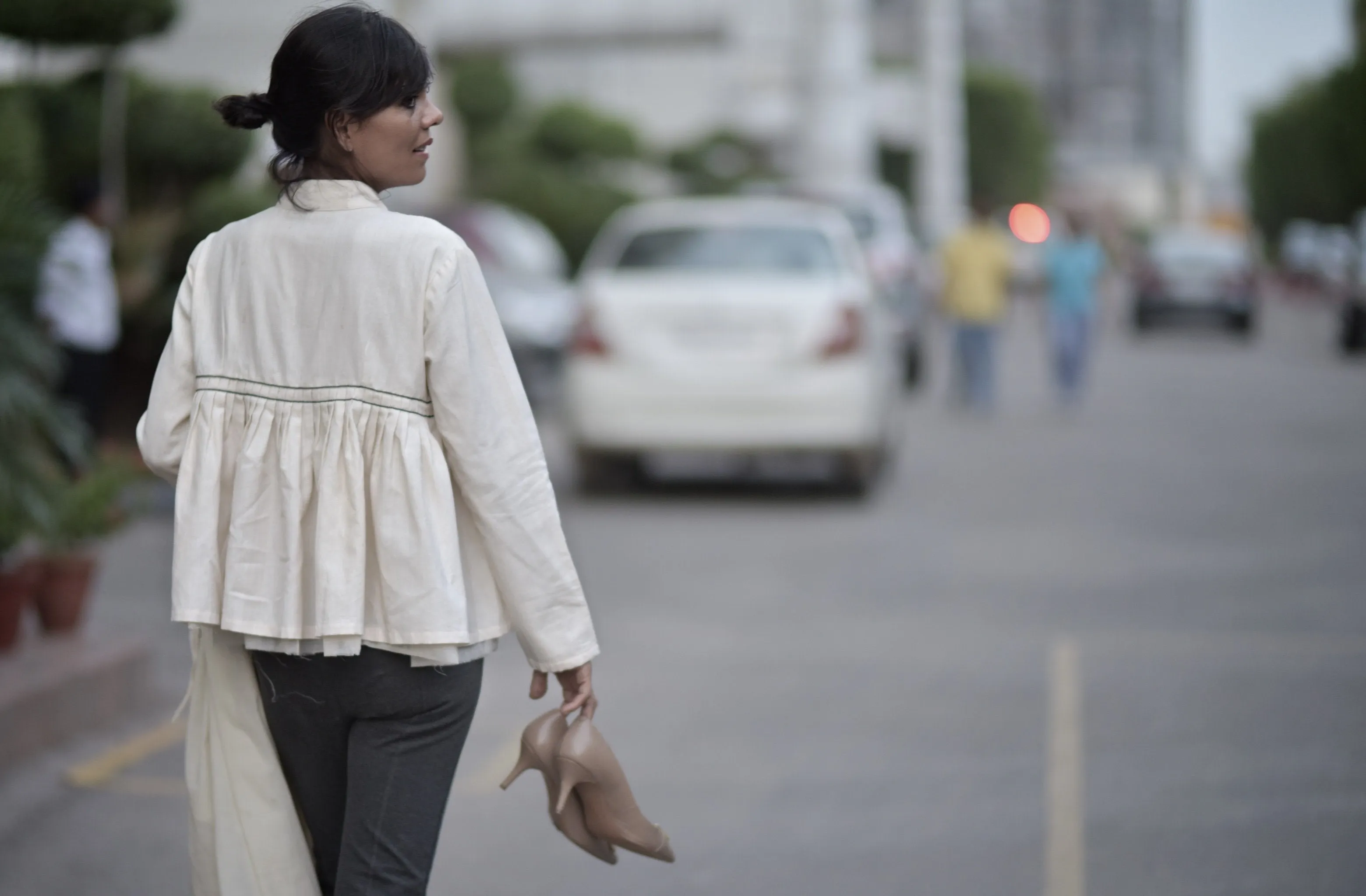 Dublin, Pure Khaadi Flared Cropped Blouse with Hand Embroidery, Off White