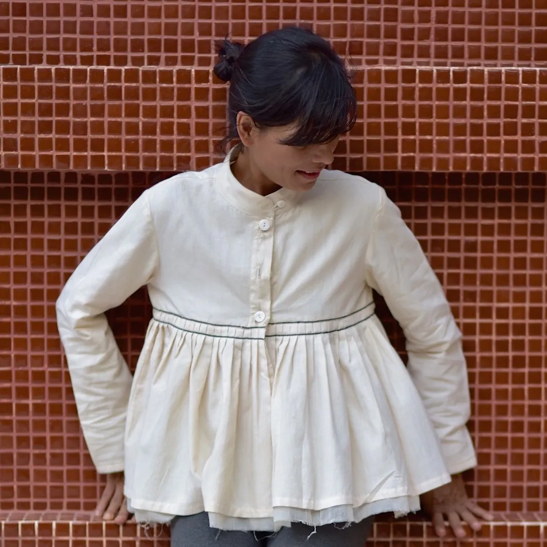Dublin, Pure Khaadi Flared Cropped Blouse with Hand Embroidery, Off White