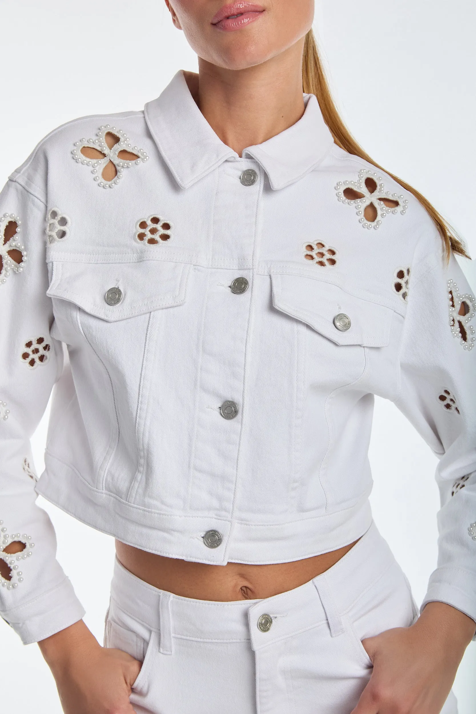 Kaia Pearl Jean Jacket - White