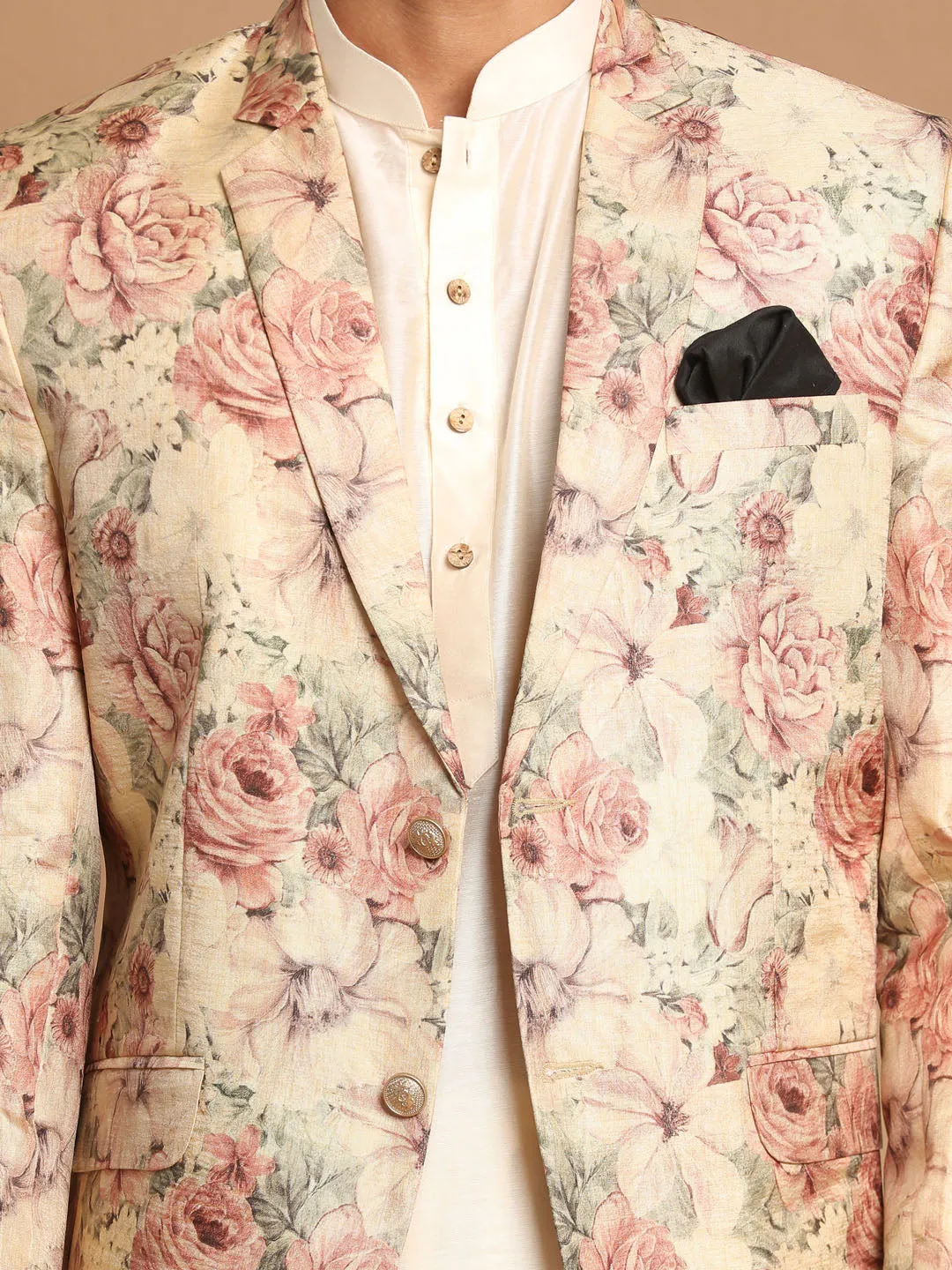 Men's Beige Floral Print Blazer And Cream Solid Kurta With Pajama Set