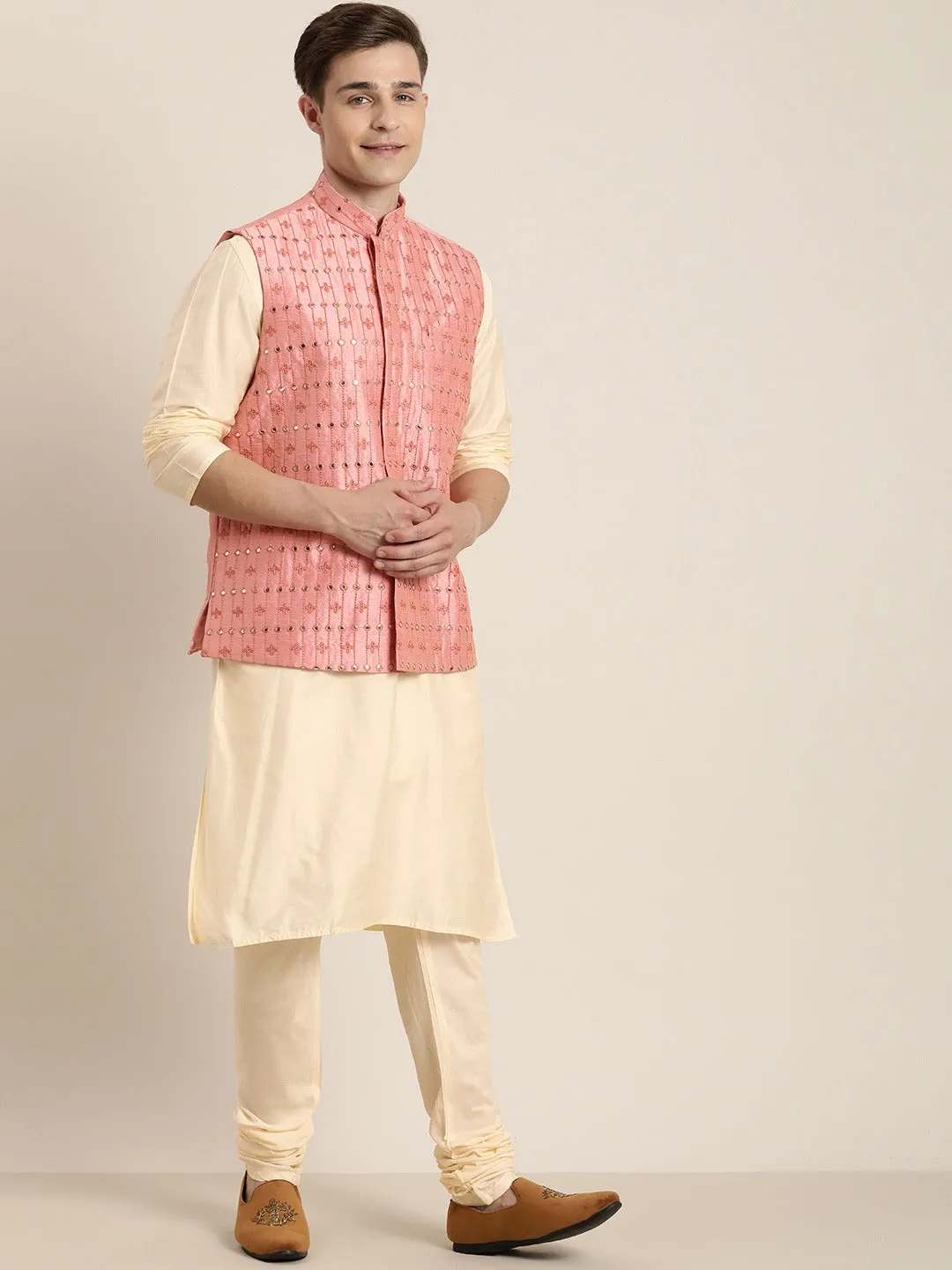 Men's Beige Mirror Work Kurta with Churidar With Ethnic Jacket