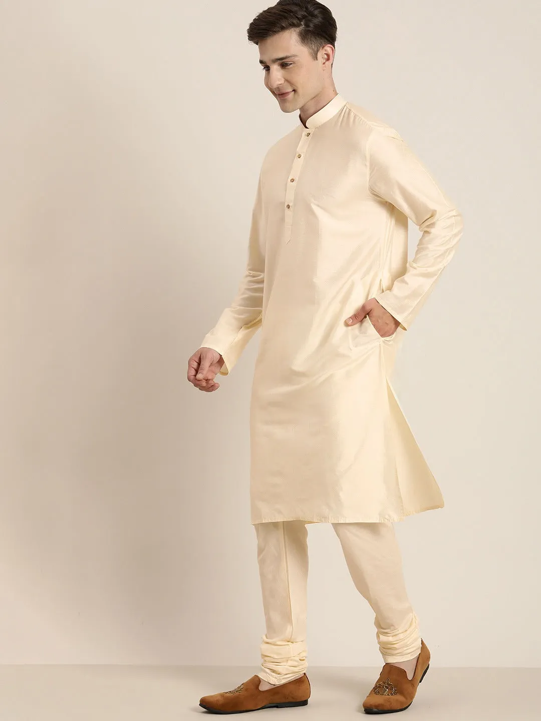 Men's Beige Mirror Work Kurta with Churidar With Ethnic Jacket