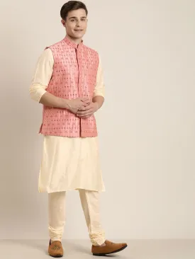 Men's Beige Mirror Work Kurta with Churidar With Ethnic Jacket