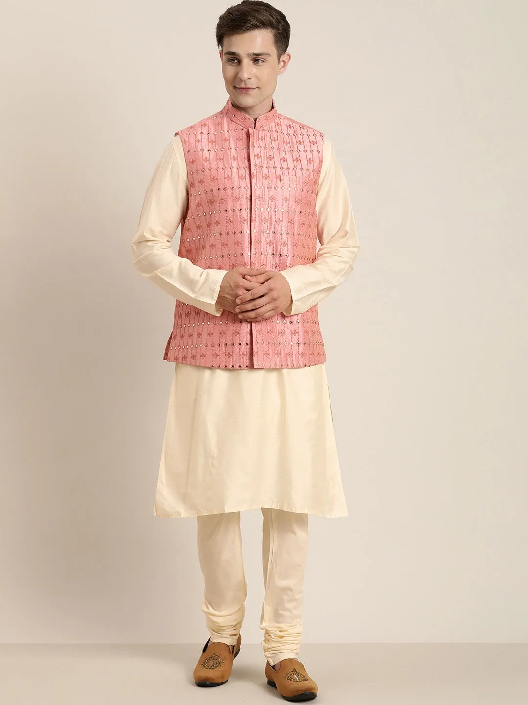 Men's Beige Mirror Work Kurta with Churidar With Ethnic Jacket