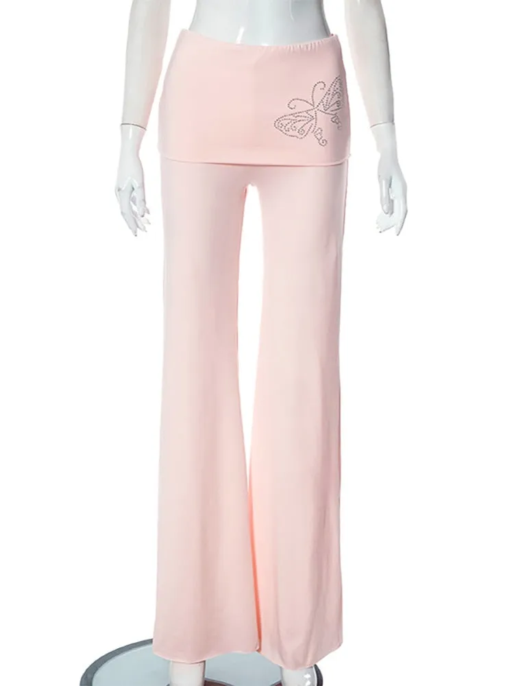Pink Low Rise Charming Flare Skirt Layered Pants