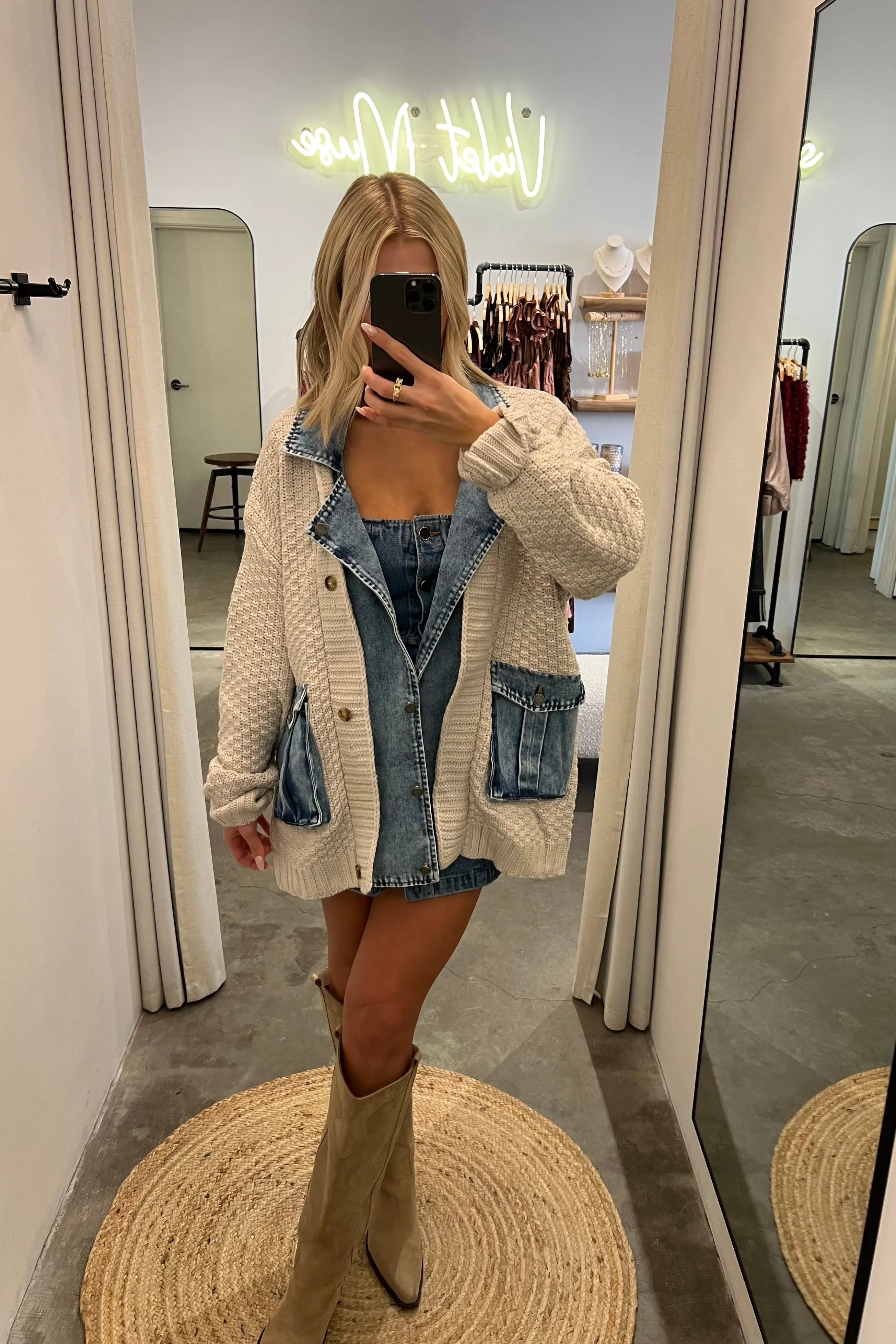 ROBBIE CREAM KNIT DENIM MIX JACKET
