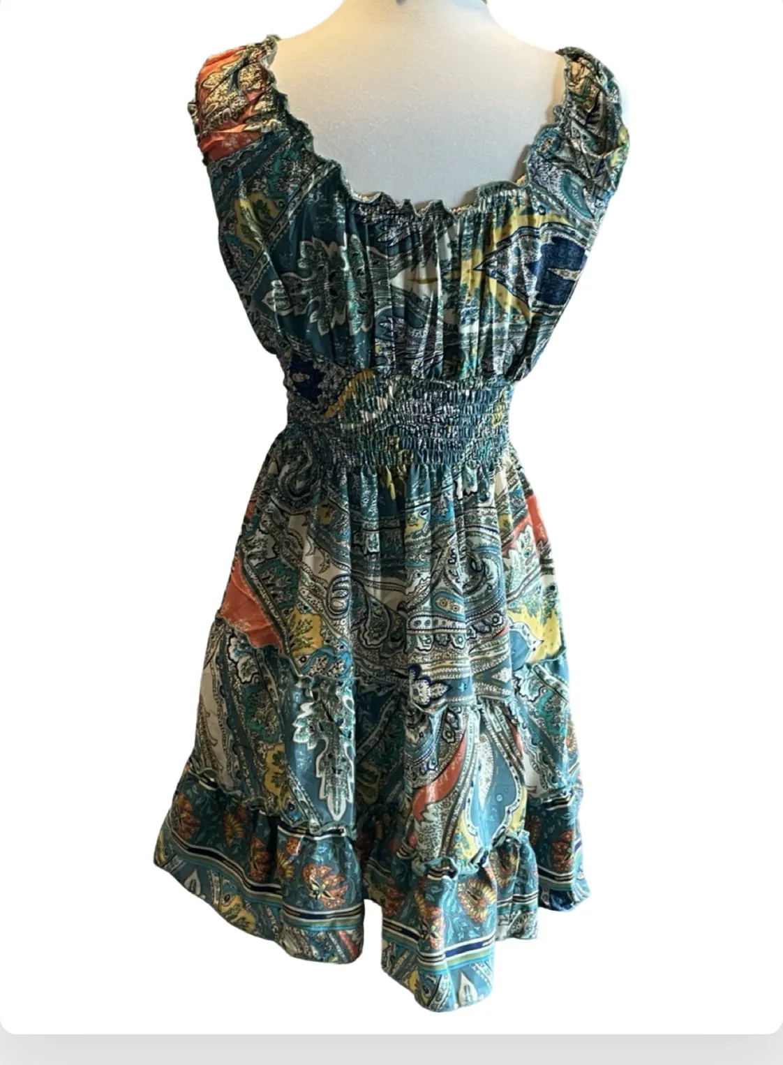 Short boho silk tiered dress (ivory n orange )