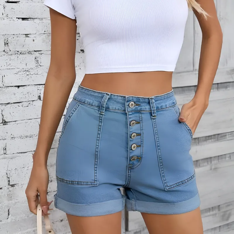 Stretchy Buttoned Denim Shorts – Folded Hem with Pockets