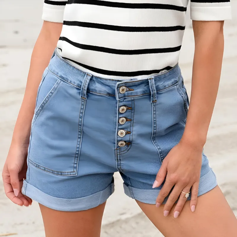 Stretchy Buttoned Denim Shorts – Folded Hem with Pockets
