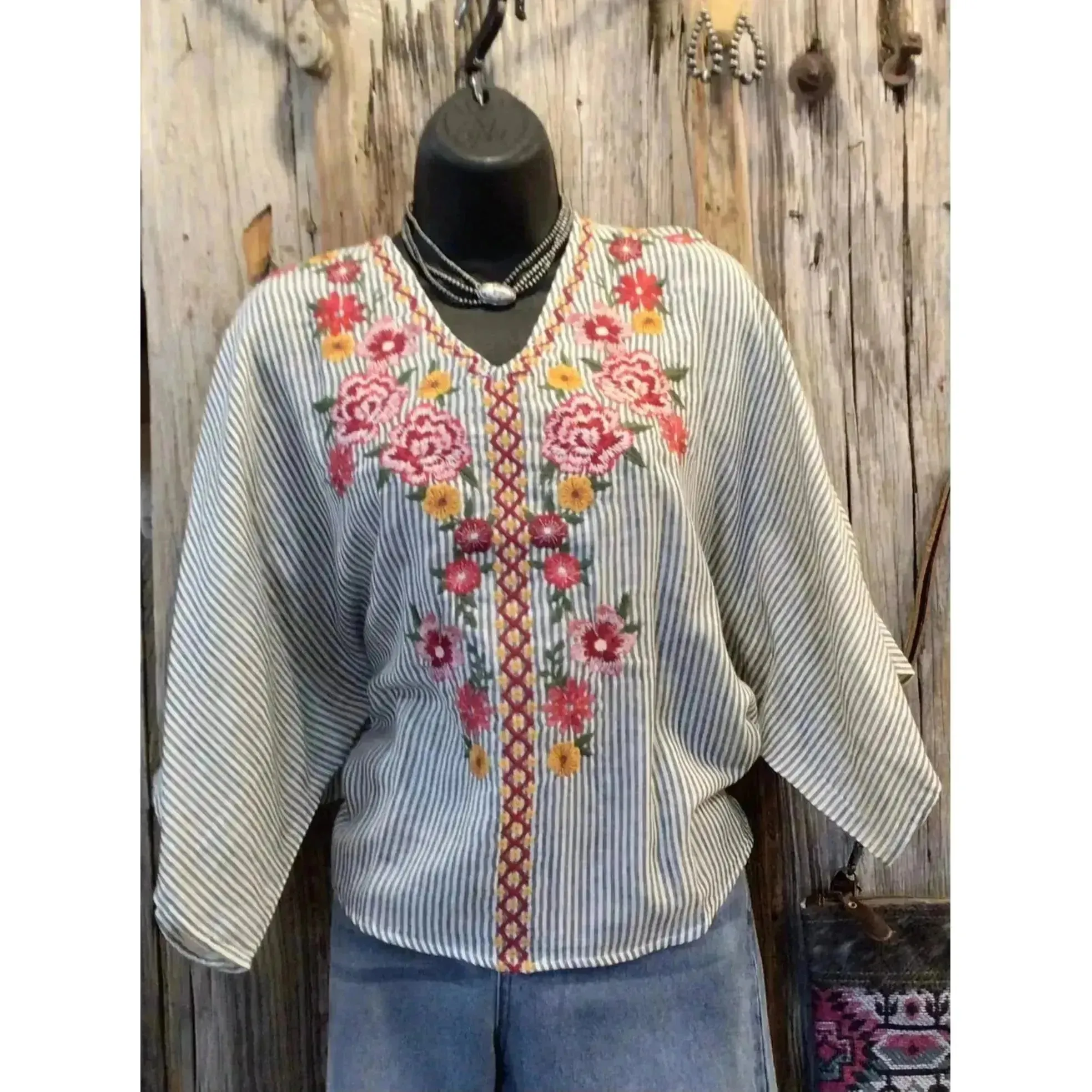Striped Poncho Top  Embroidery on the Front, V Neckline, Loose Fit
