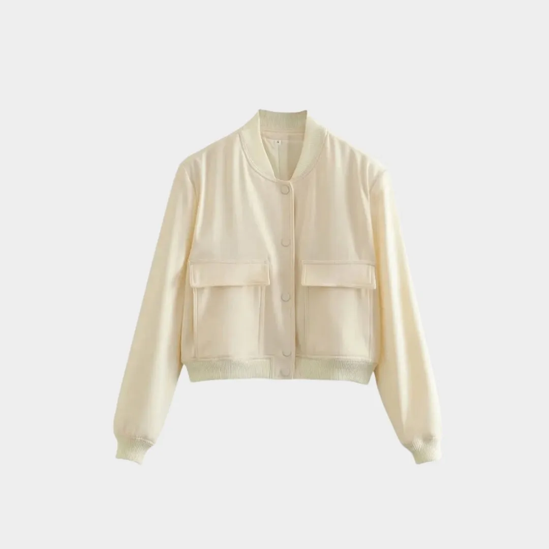 Womens Cropped Bomber Jacket - Long Sleeve Aviator Baseball Coat, Button Closure, Black, Beige, Navy Blue