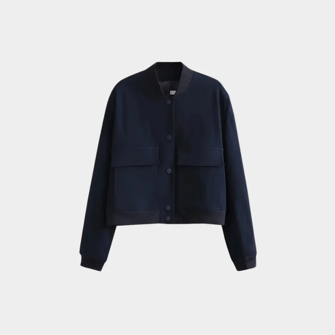 Womens Cropped Bomber Jacket - Long Sleeve Aviator Baseball Coat, Button Closure, Black, Beige, Navy Blue
