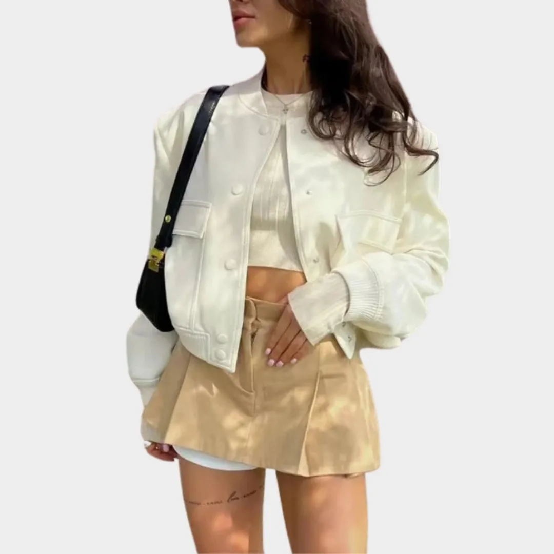 Womens Cropped Bomber Jacket - Long Sleeve Aviator Baseball Coat, Button Closure, Black, Beige, Navy Blue