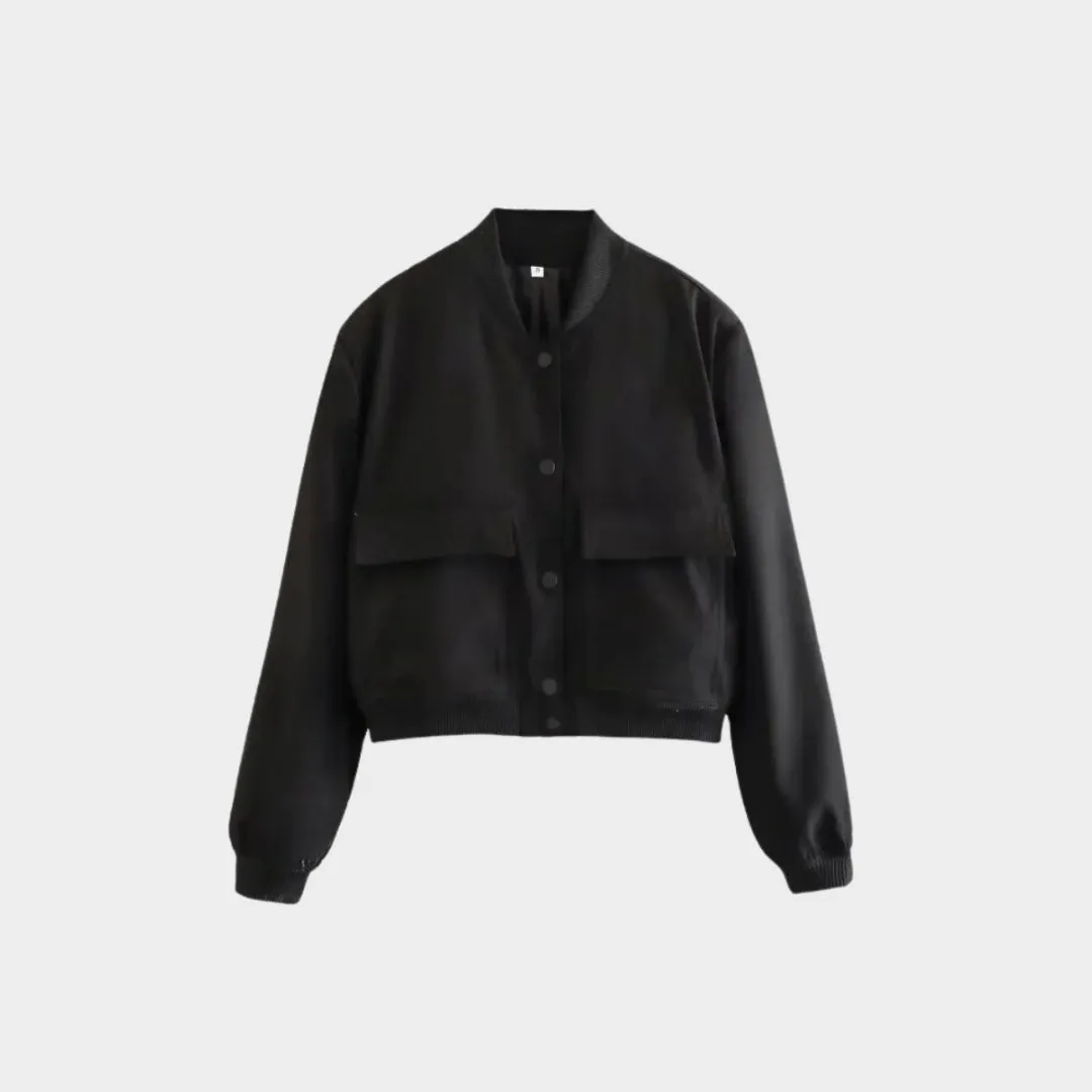 Womens Cropped Bomber Jacket - Long Sleeve Aviator Baseball Coat, Button Closure, Black, Beige, Navy Blue
