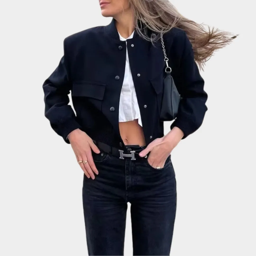 Womens Cropped Bomber Jacket - Long Sleeve Aviator Baseball Coat, Button Closure, Black, Beige, Navy Blue