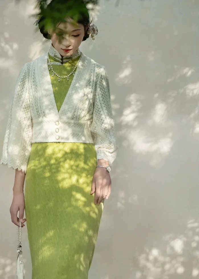 Xue Hua 雪花 Snowflake Republic of China Knitted Lace Qipao Cardigan